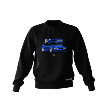 Black BMW E39 sedan blue sweatshirt