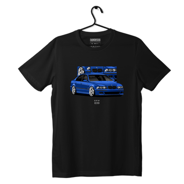 Black T-shirt BMW E39 sedan blue