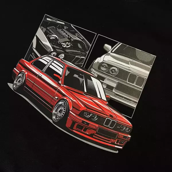 Black sweatshirt red BMW M3 E30