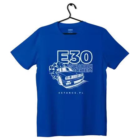 BMW E30 T-Shirt Seitlich einfahrend blau