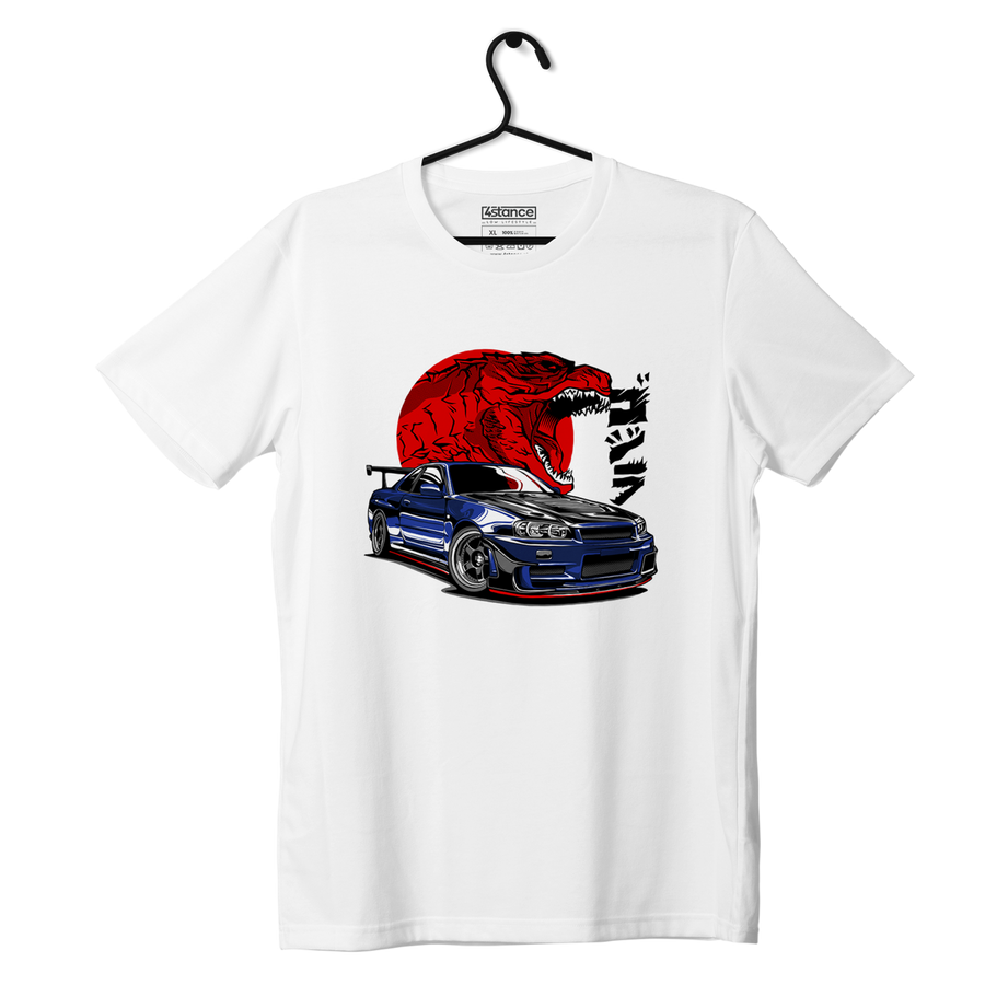 Weißes T-Shirt Nissan Skyline GT-R R34 Godzilla