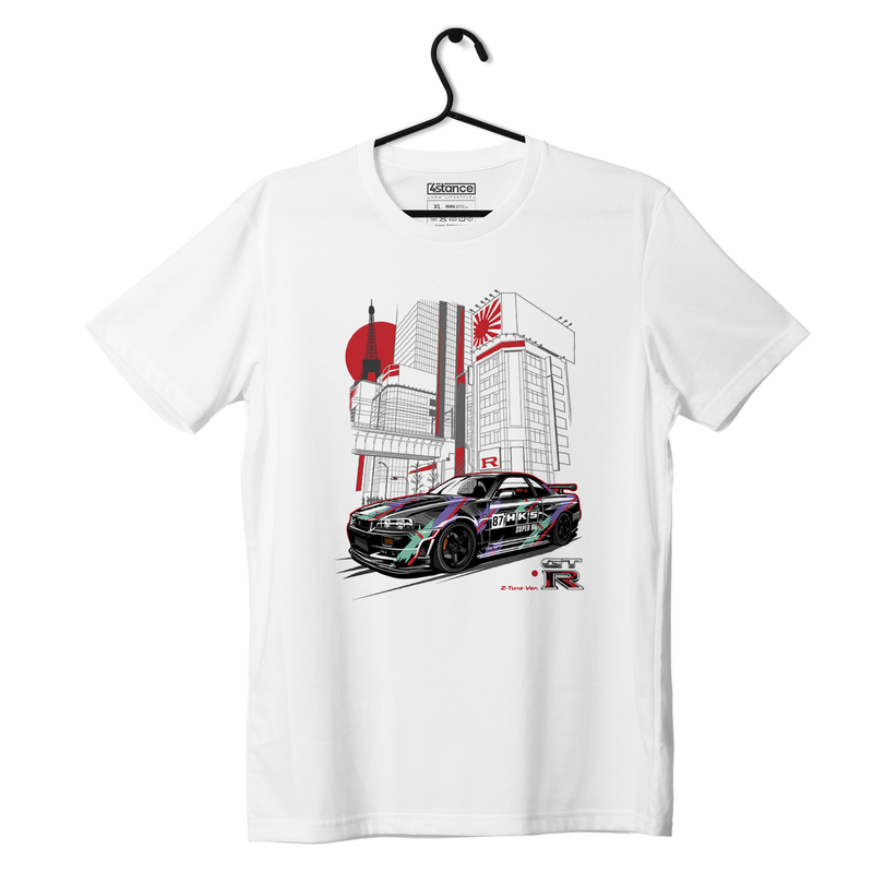 Weißes T-Shirt Nissan Skyline GT-R R34 Nismo HKS