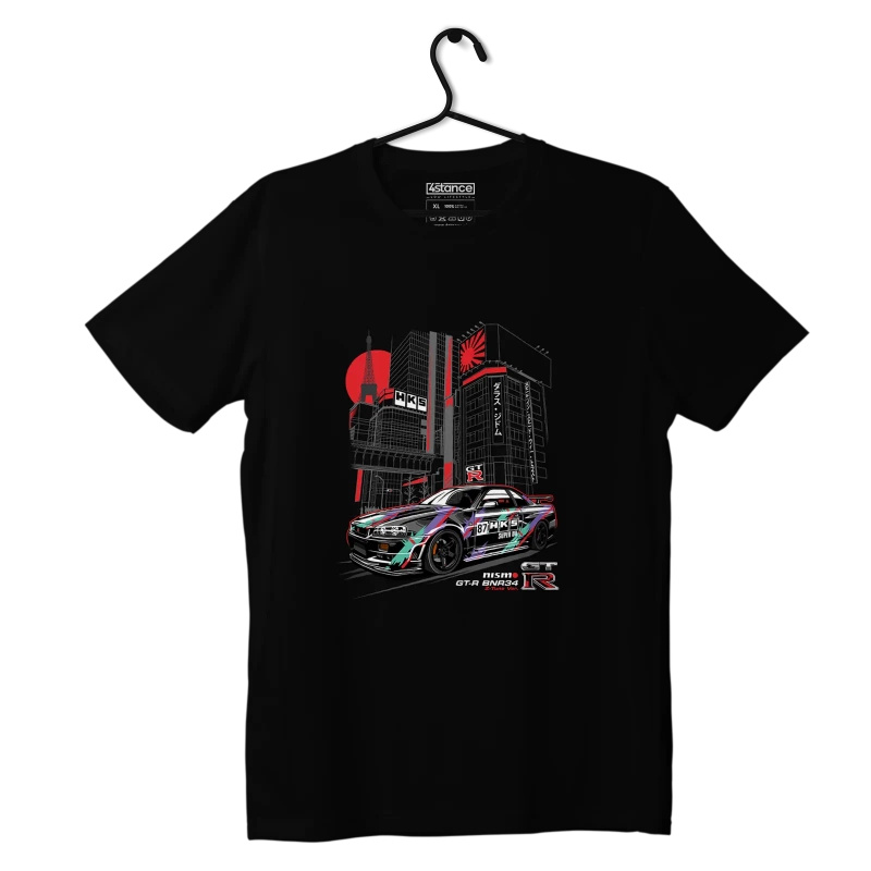 Schwarzes T-Shirt Nissan Skyline GT-R R34 Nismo HKS