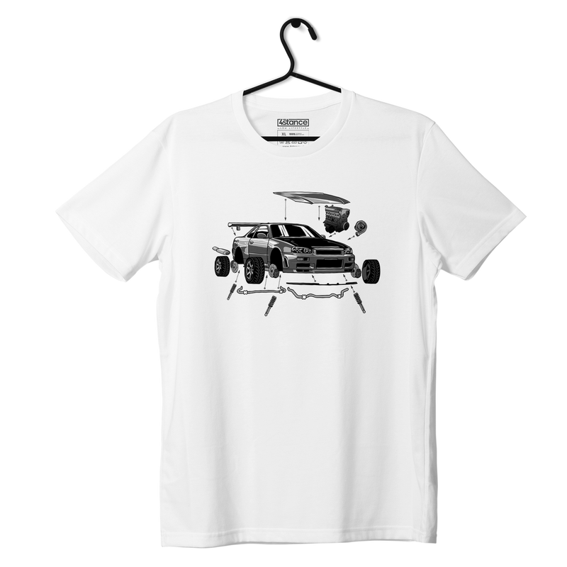 White Nissan Skyline GT-R R34 Crank Out T-Shirt