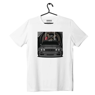 Biały T-shirt koszulka BMW E30 szara