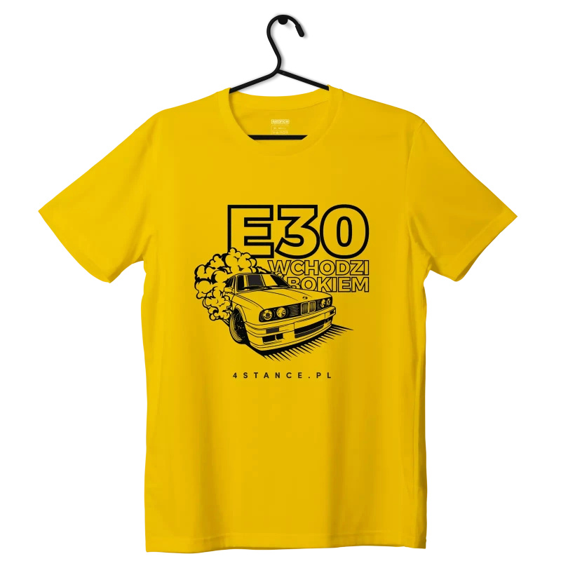 BMW E30 T-Shirt fährt seitlich gelb ein