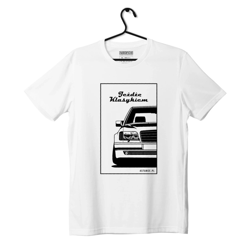 Biały T-shirt MERCEDES W124 Jeżdżę klasykiem
