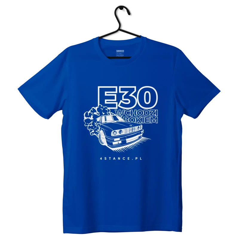 BMW E30 T-Shirt Seitlich einfahrend blau