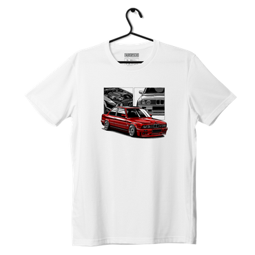 Biały T-shirt koszulka czerwone BMW E30 M3