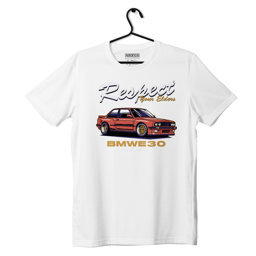 Biały T-shirt koszulka BMW E30 Respect