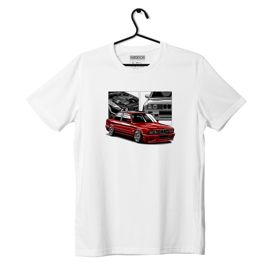 Biały T-shirt koszulka czerwone BMW E30 M3 