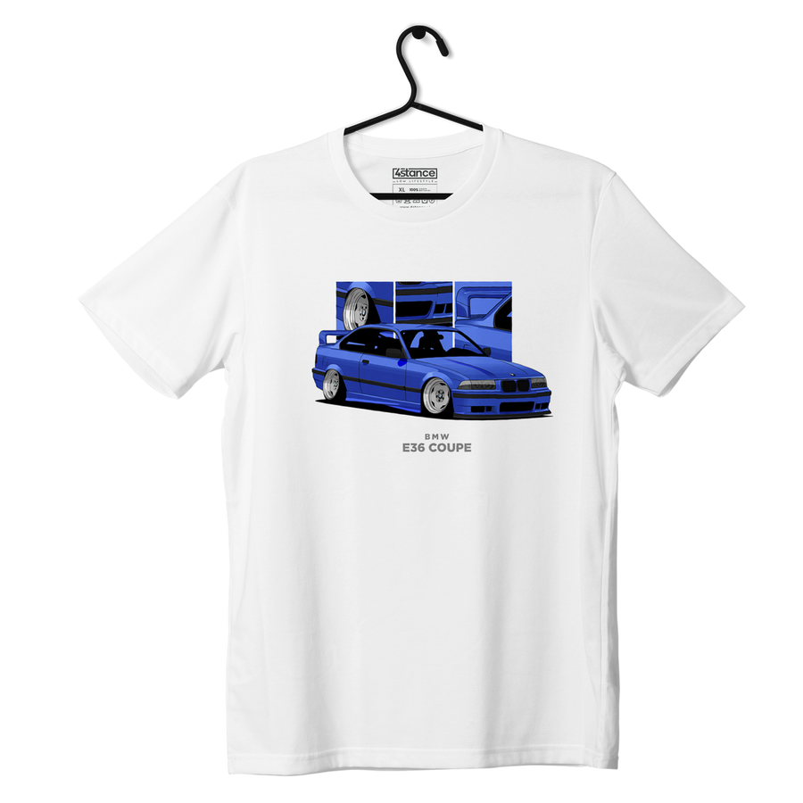 Biały T-shirt koszulka z niebieskim BMW E36