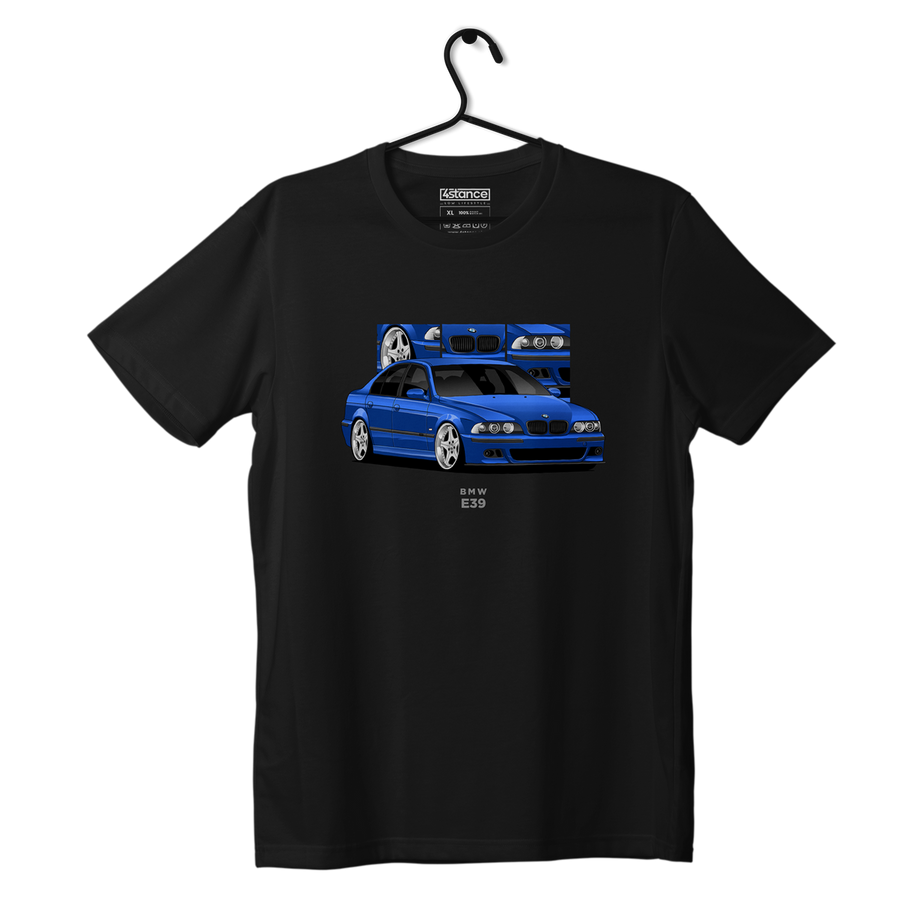 Czarny T-shirt koszulka BMW E39 sedan niebieski